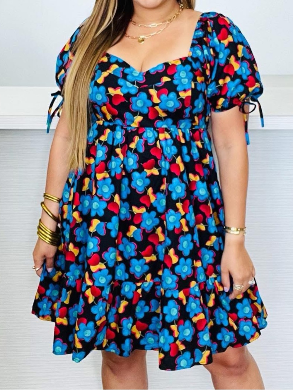 entro Black Mini Dress with Blue Floral Print and Red Accents